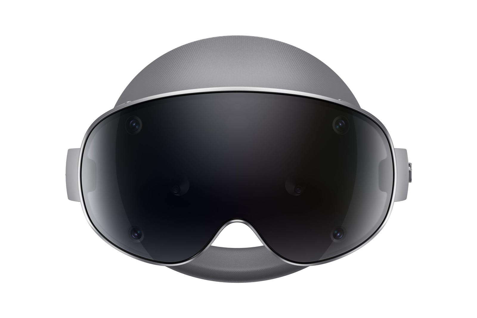 Samsung Galaxy XR headset from the front, a dark glass visor in a silver frame with a padded forehead rest