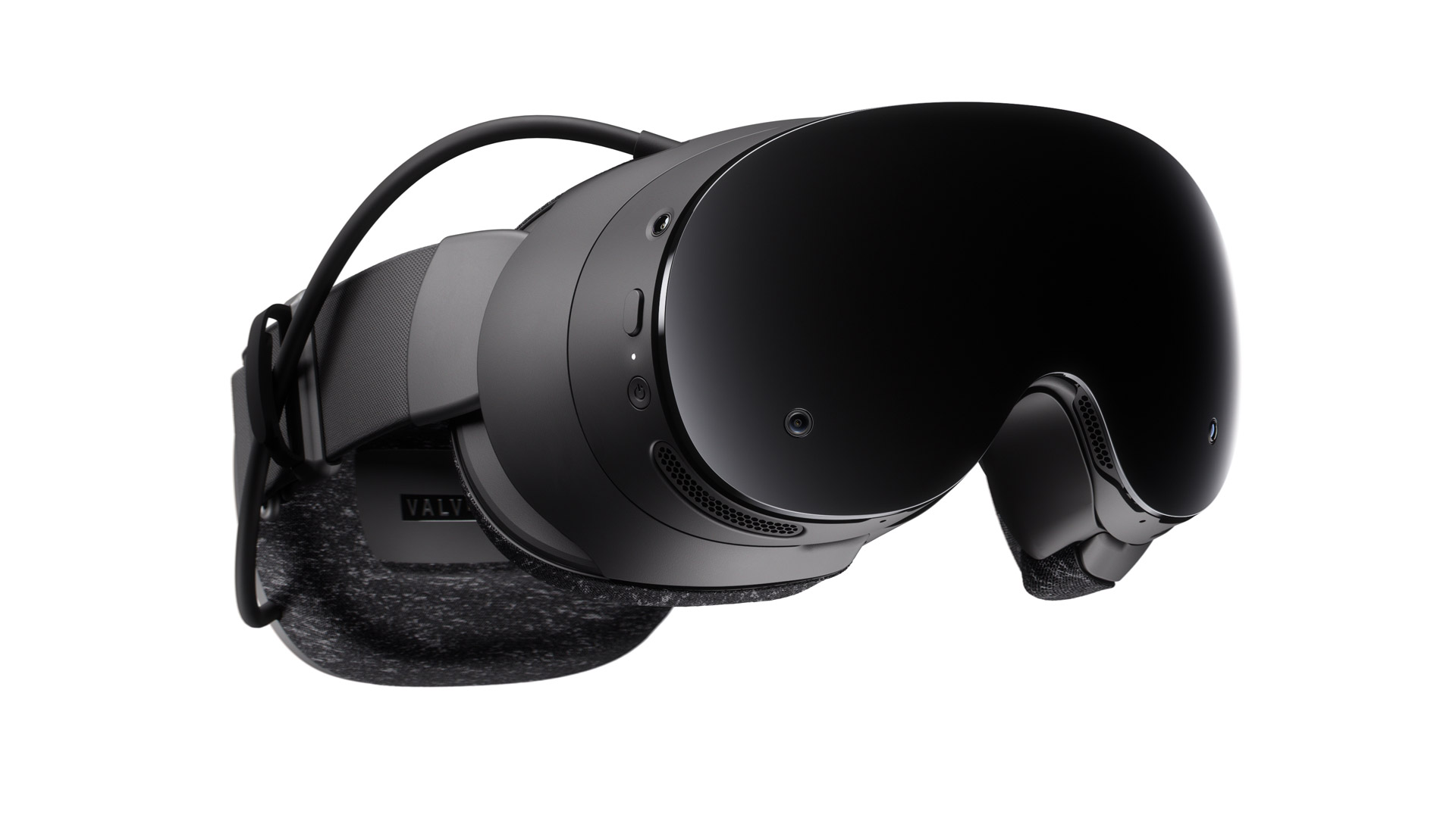 Valve Steam Frame headset in black, front three-quarter view showing the visor, cameras and rear battery pad